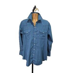 Vintage Western Pearl Snap Shirt Mens Sz 16 33 Country Cowboy Rodeo Blue Stripe